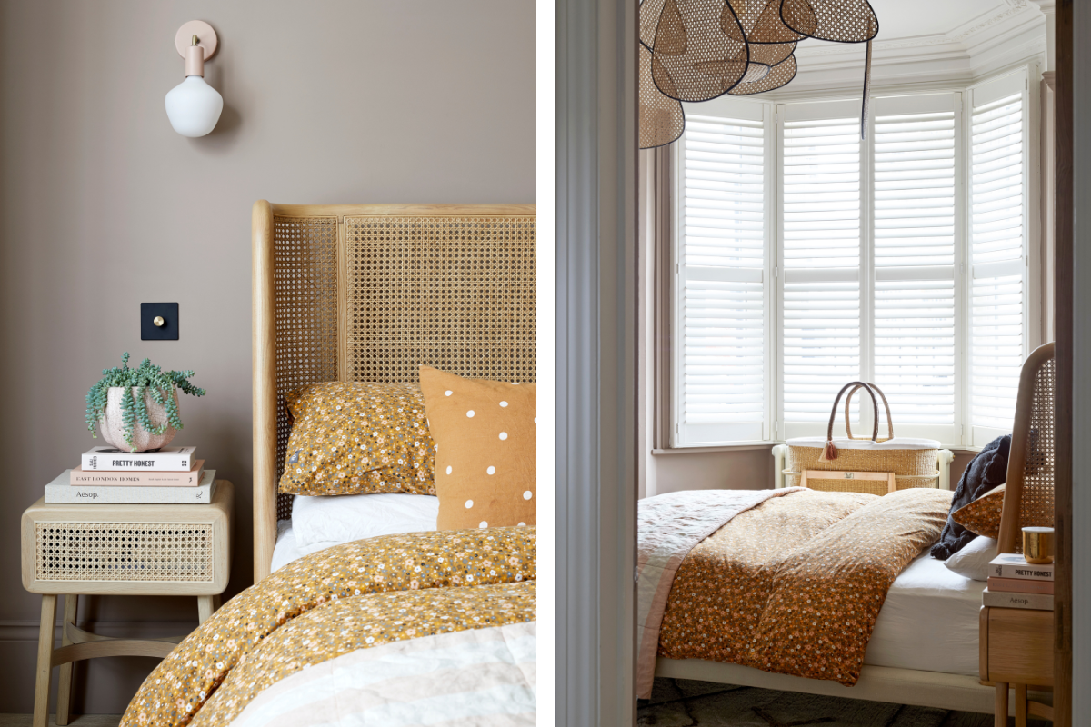 Two images depict a cosy bedroom decorated in shades of warm honey and white. The bedhead, ceiling fan and bedside table are made of rattan, and a floral bedspread contains the same colours.