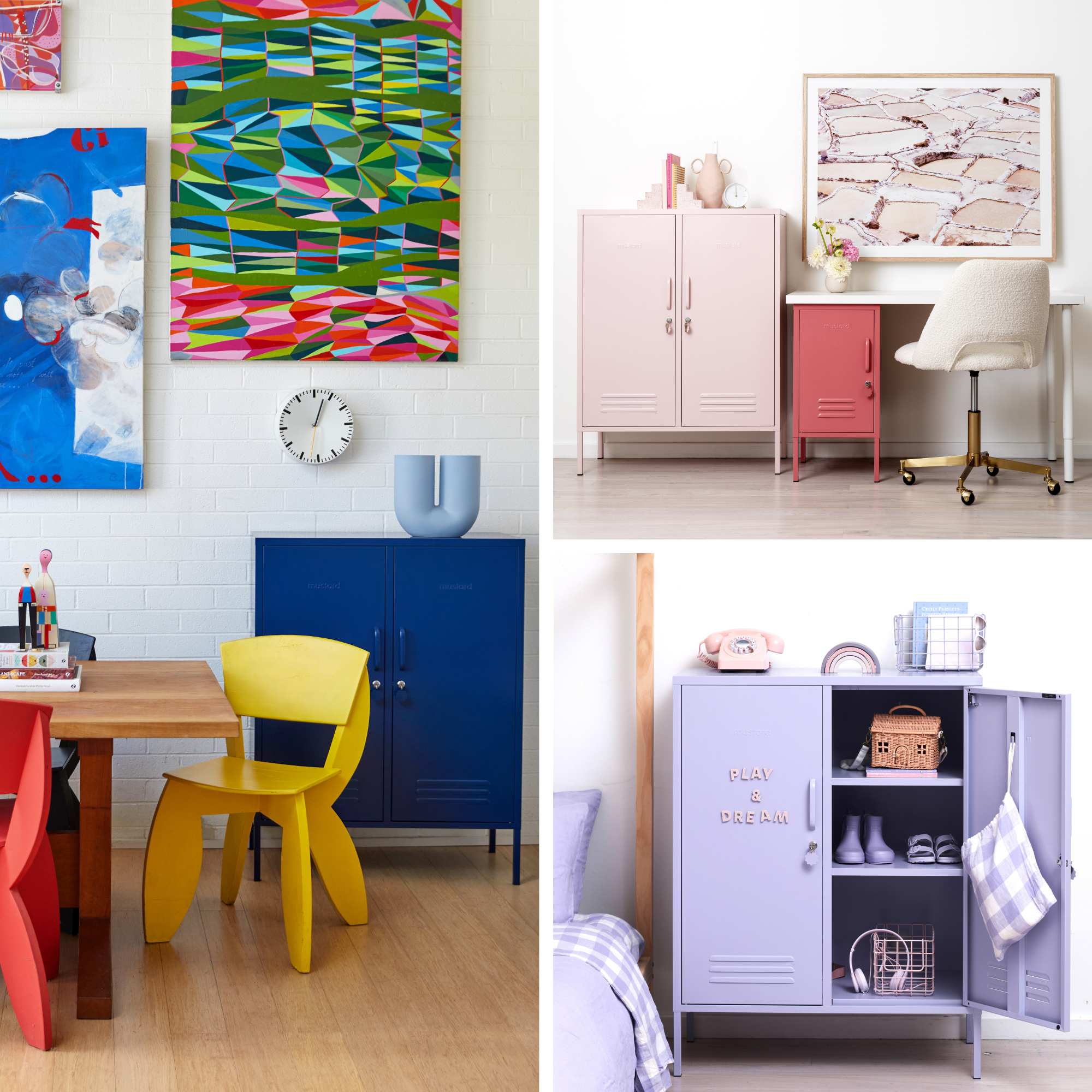 A collage of images featuring Midis in Navy, Lilac and Blush, styled in different homes.