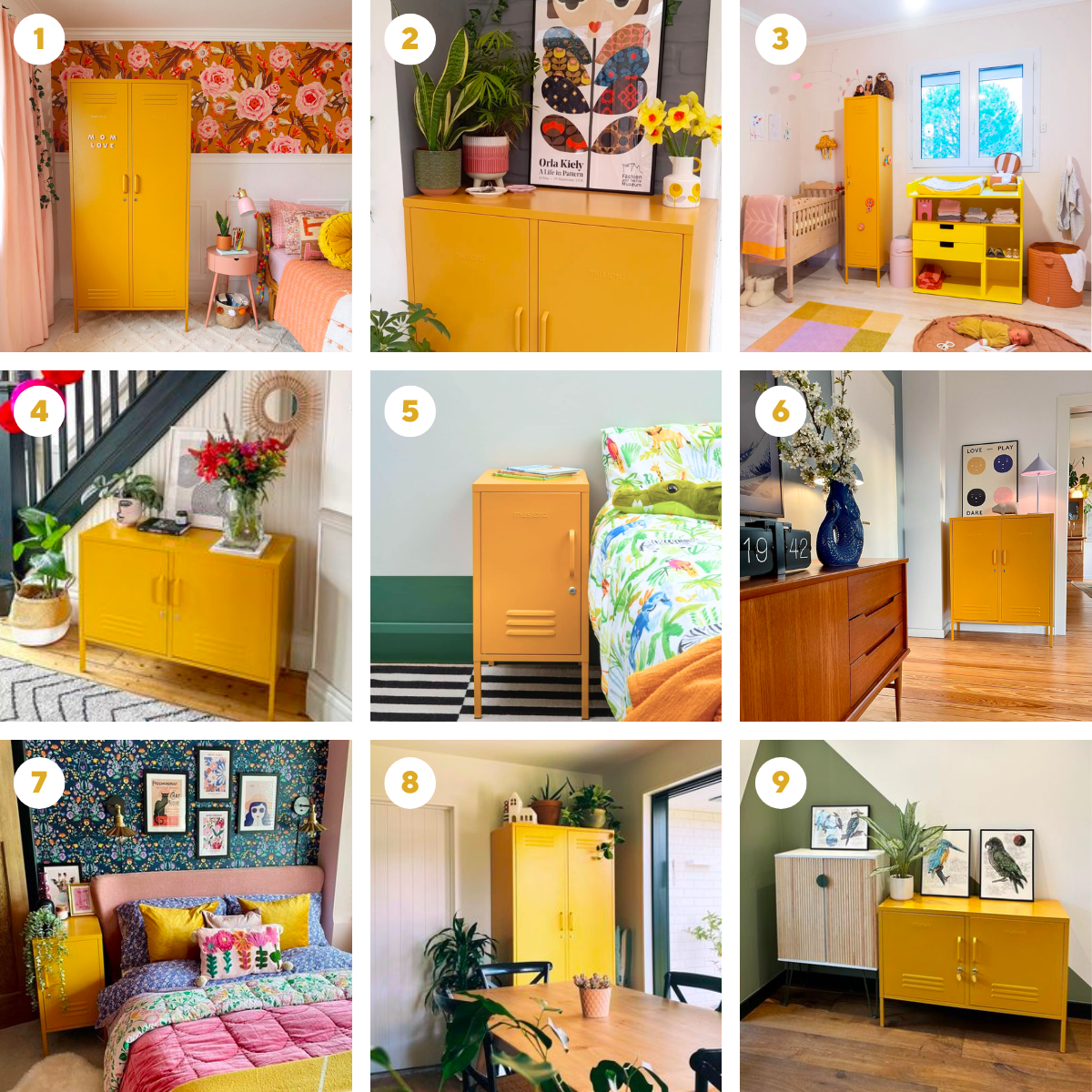 A grid of 9 images showing how Mustard customers have styled their Mustard yellow lockers in their homes.