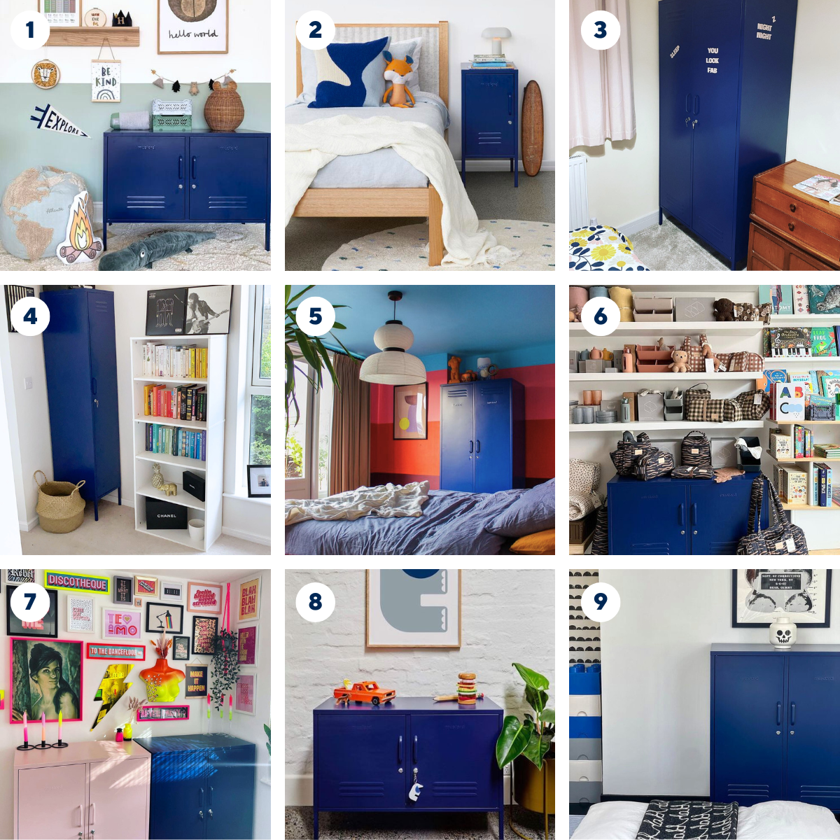 Collage of nine images. Each showing a different Navy coloured locker.