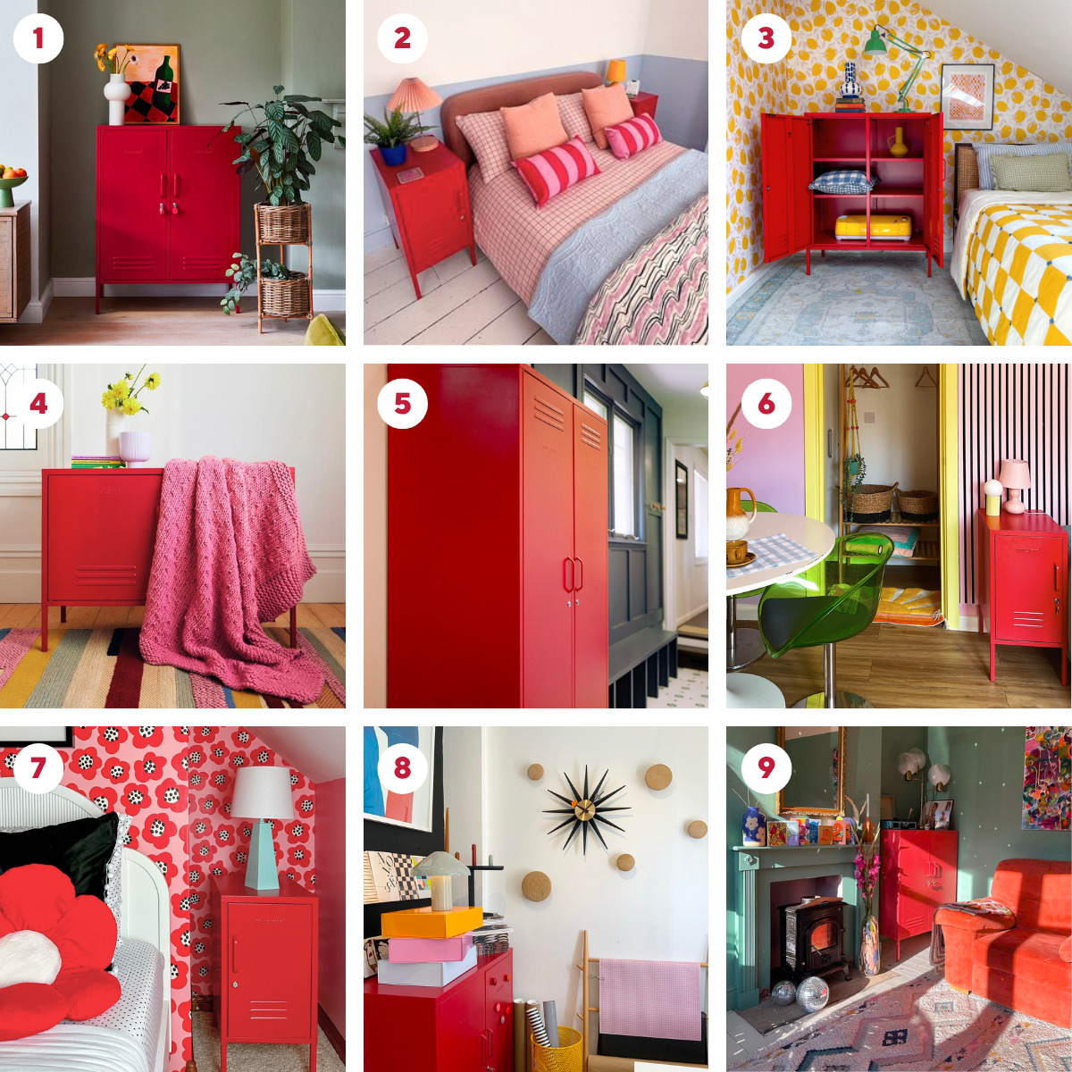 A grid of 9 instagram images shows Poppy lockers styled in homes