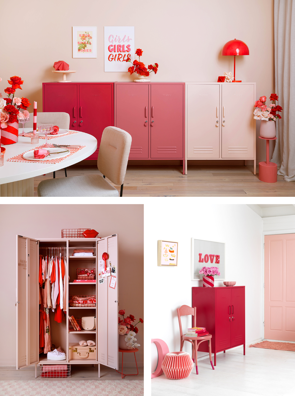 A collage of images featuring lockers in shades of Blush pink, Berry, and Poppy. 