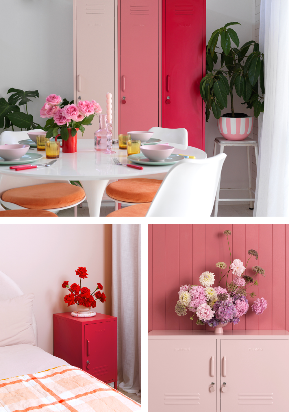 A collage of images featuring different spaces in the home. Each incorporates shades of pink and lockers in Mustard's Barbiecore range.