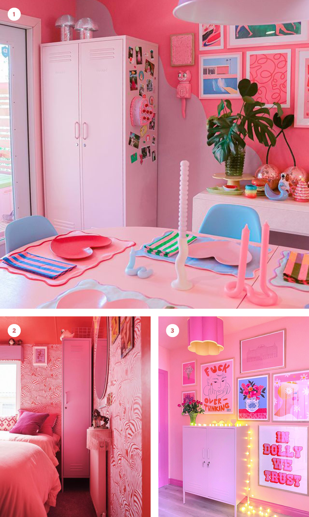 Quirky and colourful homes in shades of bubblegum pink, all featuring Mustard Made lockers.