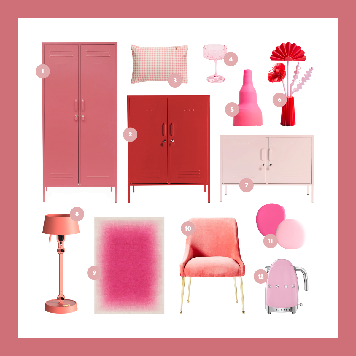 A moodboard featuring a range of pink homewares including a rug, lamp, vase and chair.