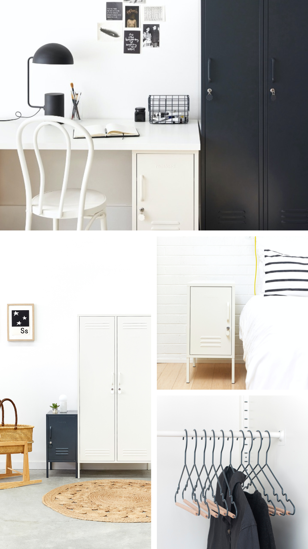 Four styled images showing White and Slate Mustard Made Lockers.