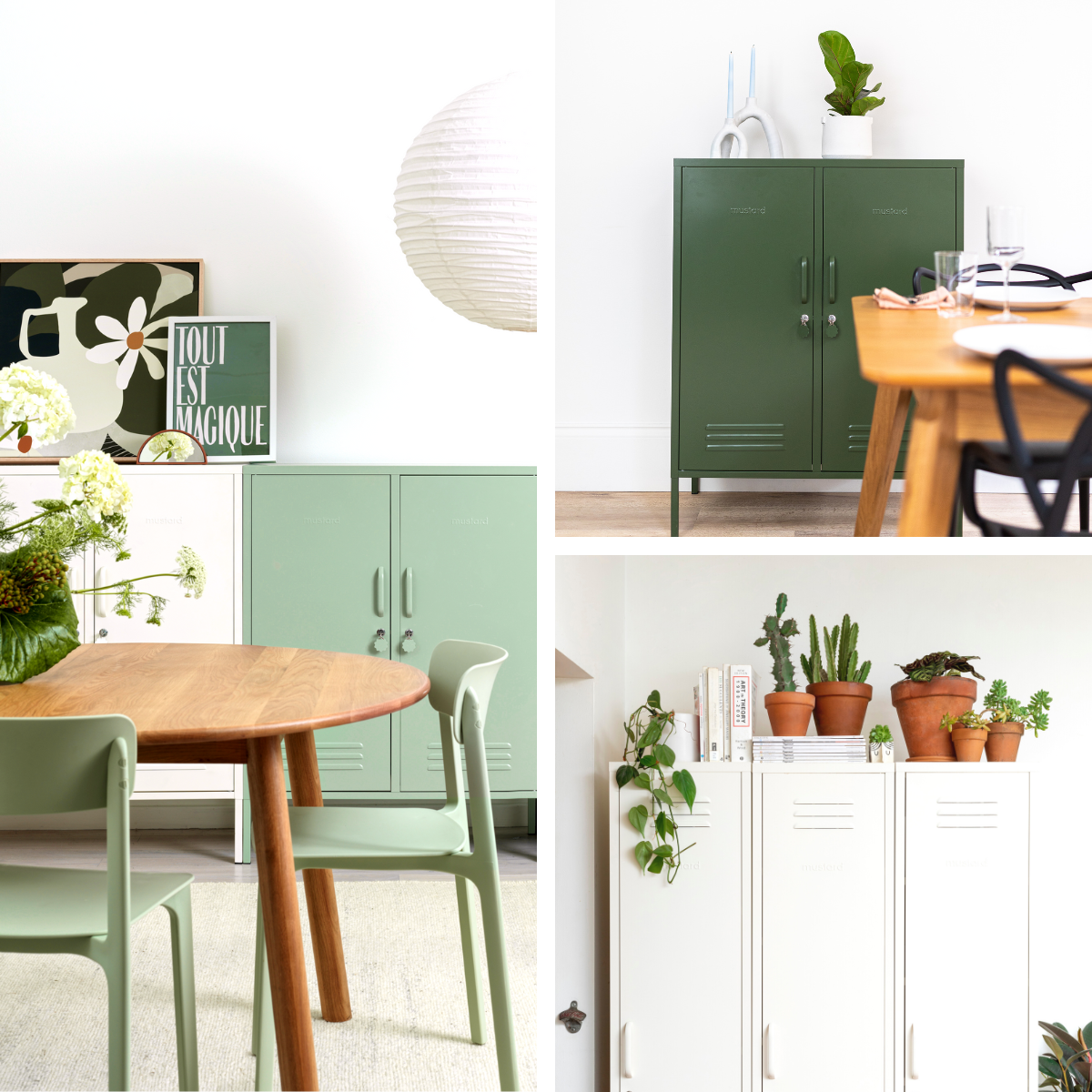 A collage of images featuring Olive, Sage and White lockers.
