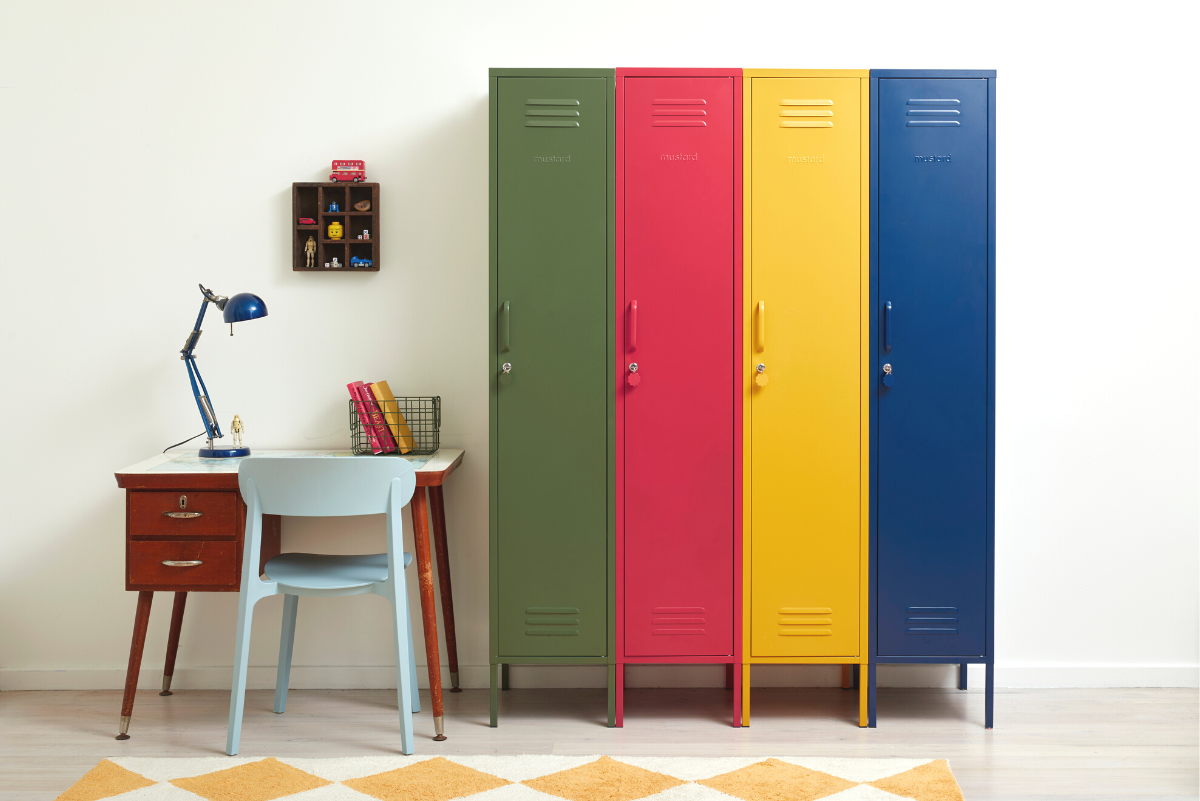Mustard Made lockers primary colours Poppy red, Olive green, Navy blue and Mustard yellow