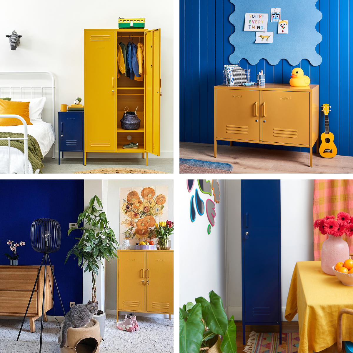 A collage of Mustard and Navy coloured lockers.