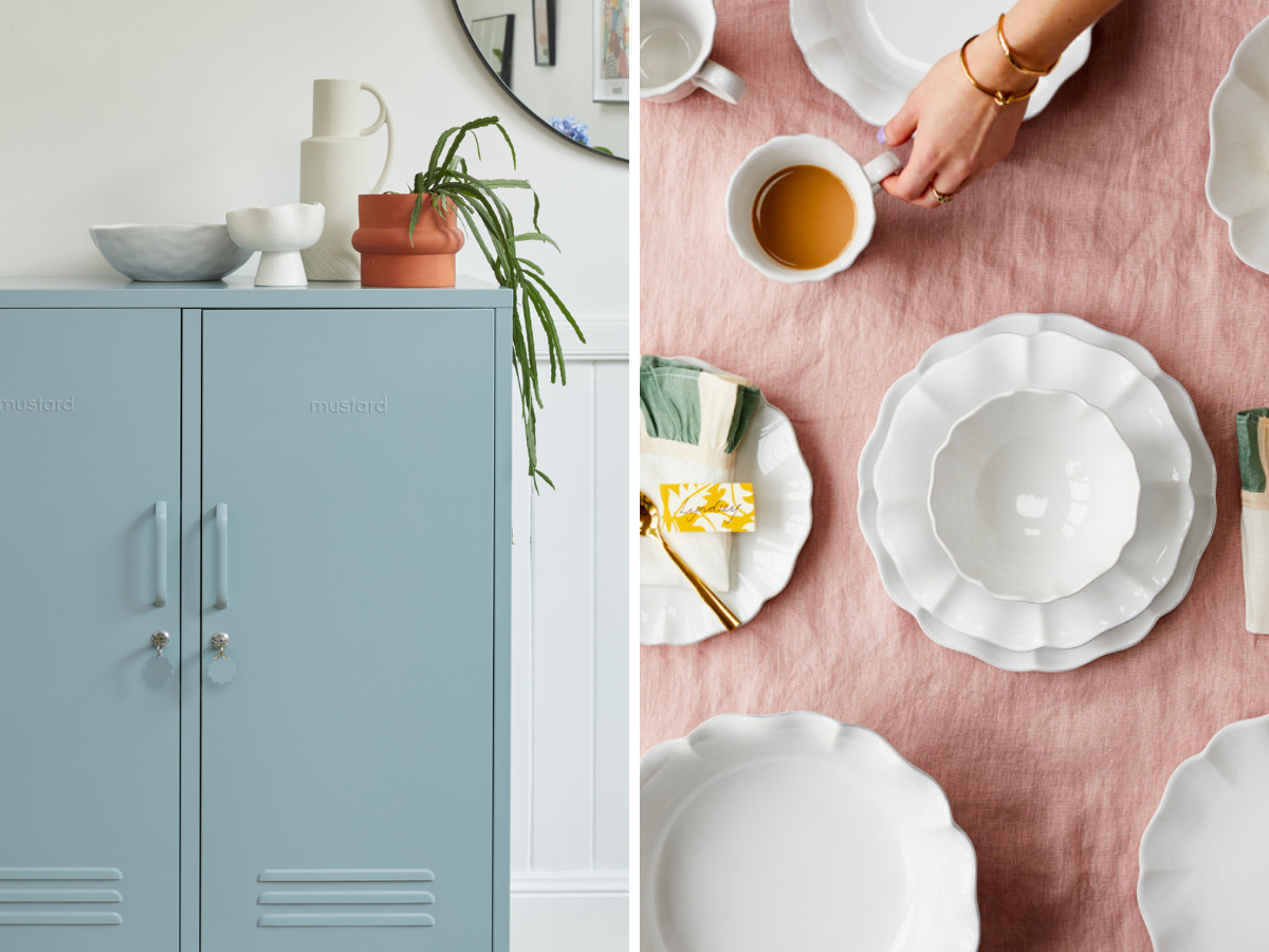 Half the image shows an Ocean Midi in a white room with ceramic vases and plants on top. The other half shows a tablescape with white scalloped-edge crockery on a Blush tablecloth.