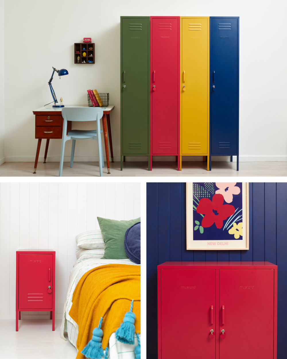 A collage of images shows Poppy red lockers styled with primary colours in a bold, retro style.