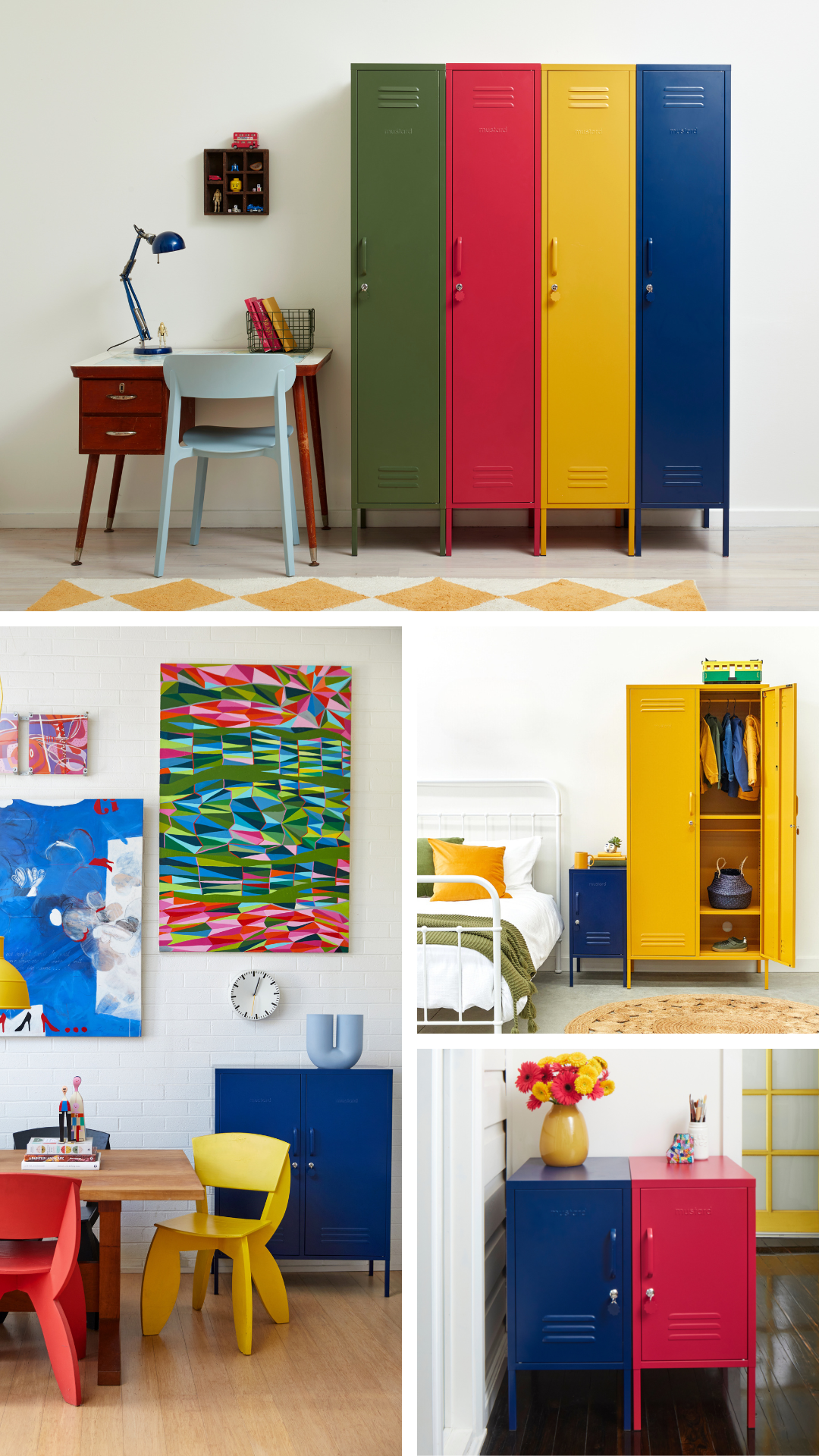 A collage of four images. Each image shows a Navy-coloured locker with either an Olive, Mustard or Poppy coloured locker. 