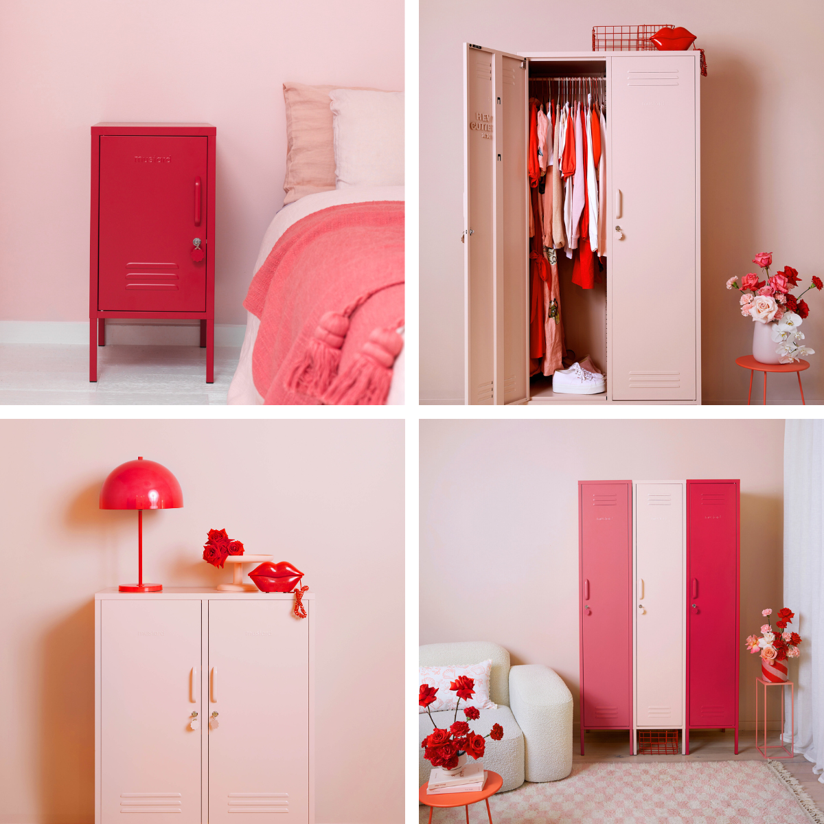 A collage of Blush and Poppy coloured lockers.