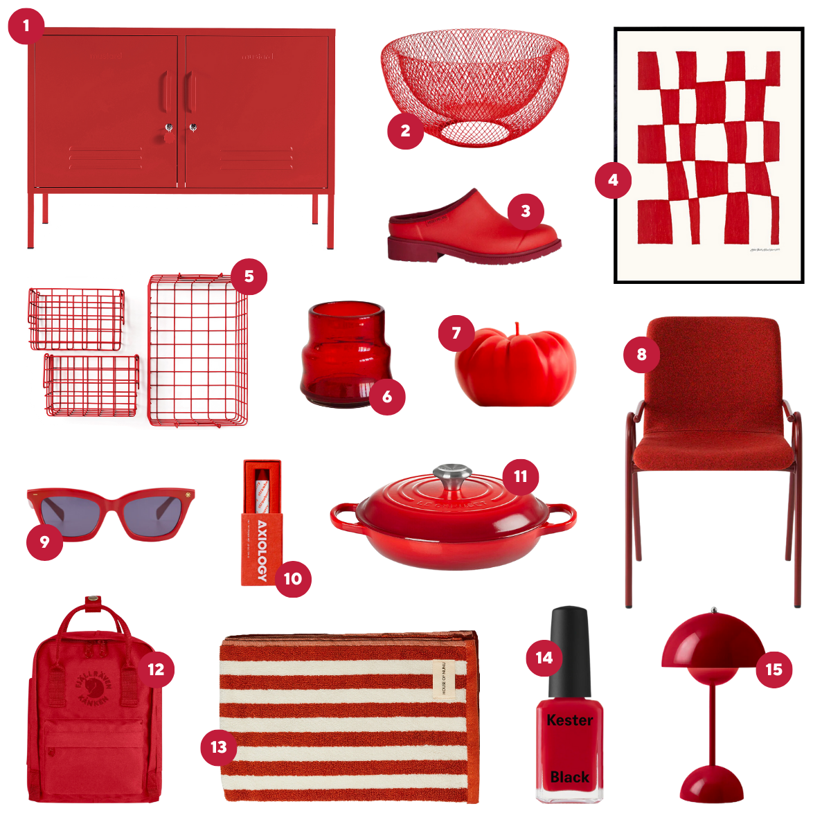 A collage of different homewares and fashion items in Poppy red includes a Mustard Made locker, sunglasses, a tomato shaped candle and more.