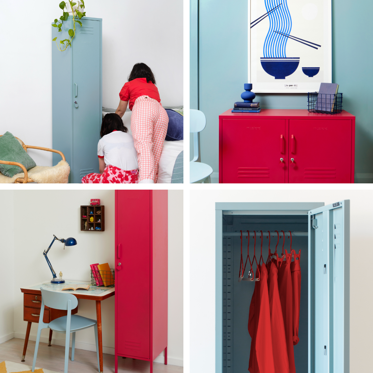 A collage of Poppy and Ocean coloured lockers. 