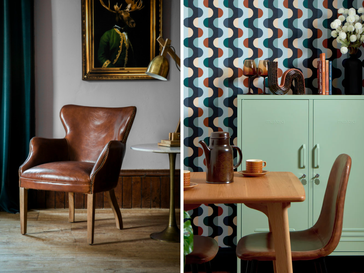 A collage of retro styling including a leather armchair, wavy-patterned wallpaper and The Midi in Sage.