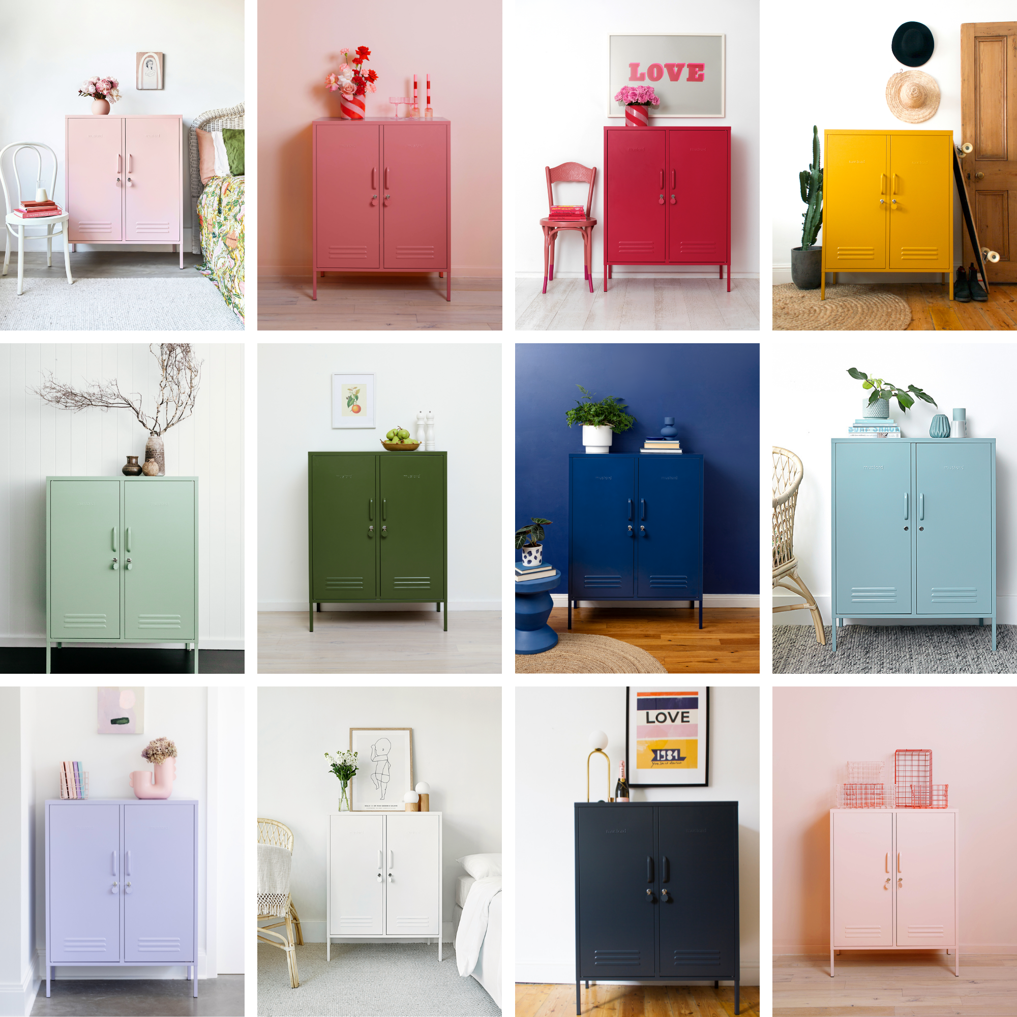 A collage of 12 images featuring Midi lockers in every shade of the Mustard rainbow