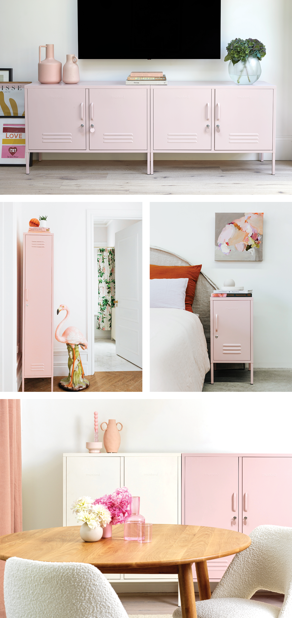 A collage of images featuring soft Blush pink lockers styled with neutral colours and white walls.