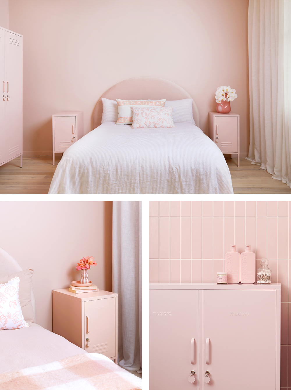 A collage of images showing soft Blush pink lockers with matching linen, furnishings and wall colour.