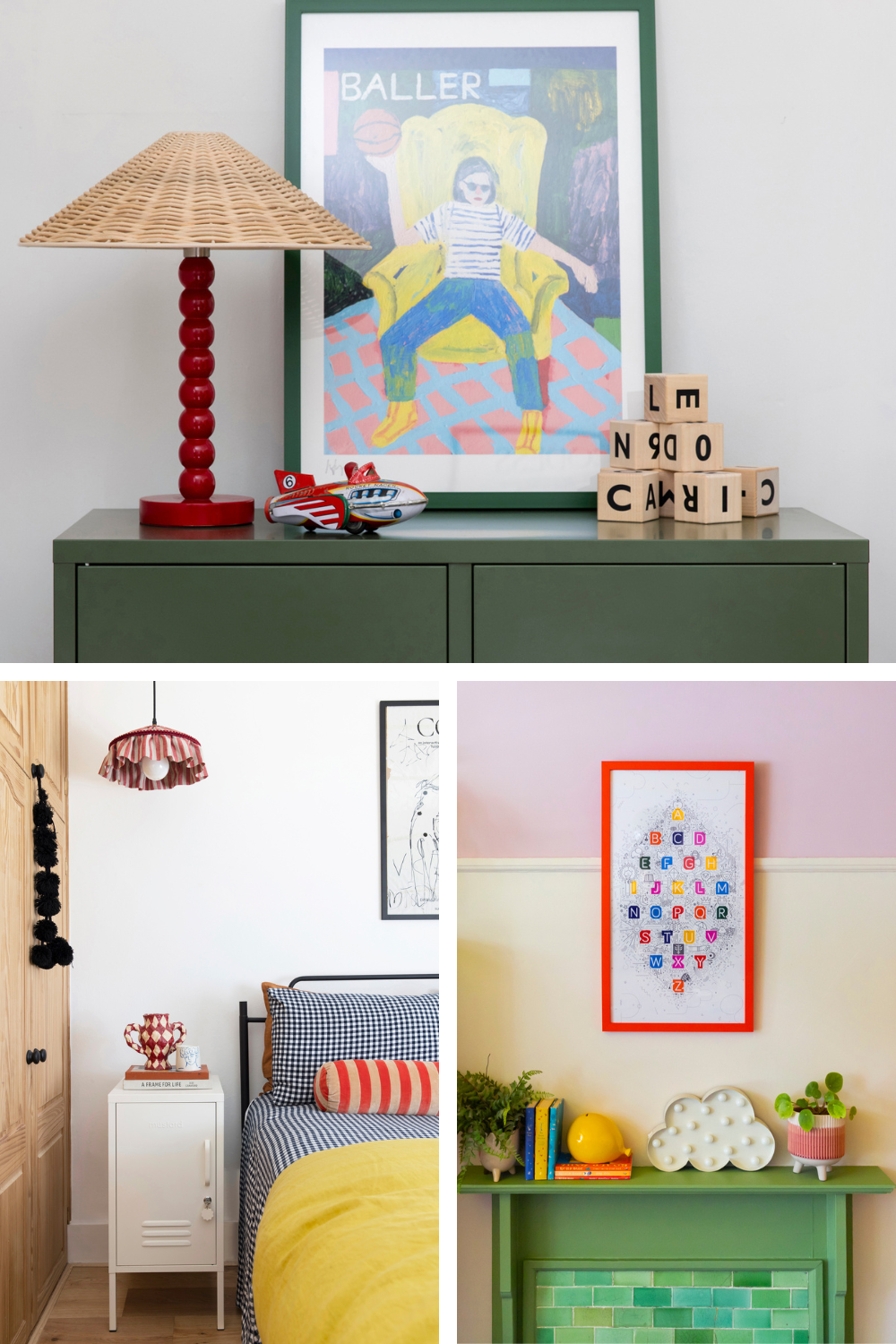 A collage of images shows different interiors with small red accent pieces, like table lamps and photo frames.