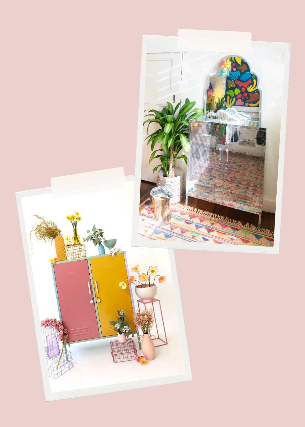 Two polaroids show the Disco Midi, a locker entirely wrapped in mirrored tiles, and the Rainbow Midi, made of different colourful panels.