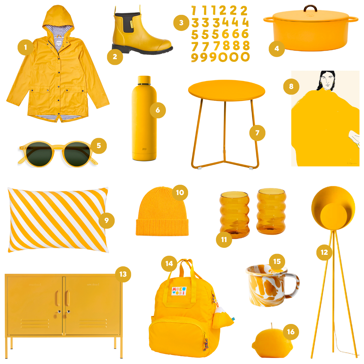 A collage of 16 images shows Mustard yellow coloured fashion and homewares, including a locker, sunglasses and a raincoat.