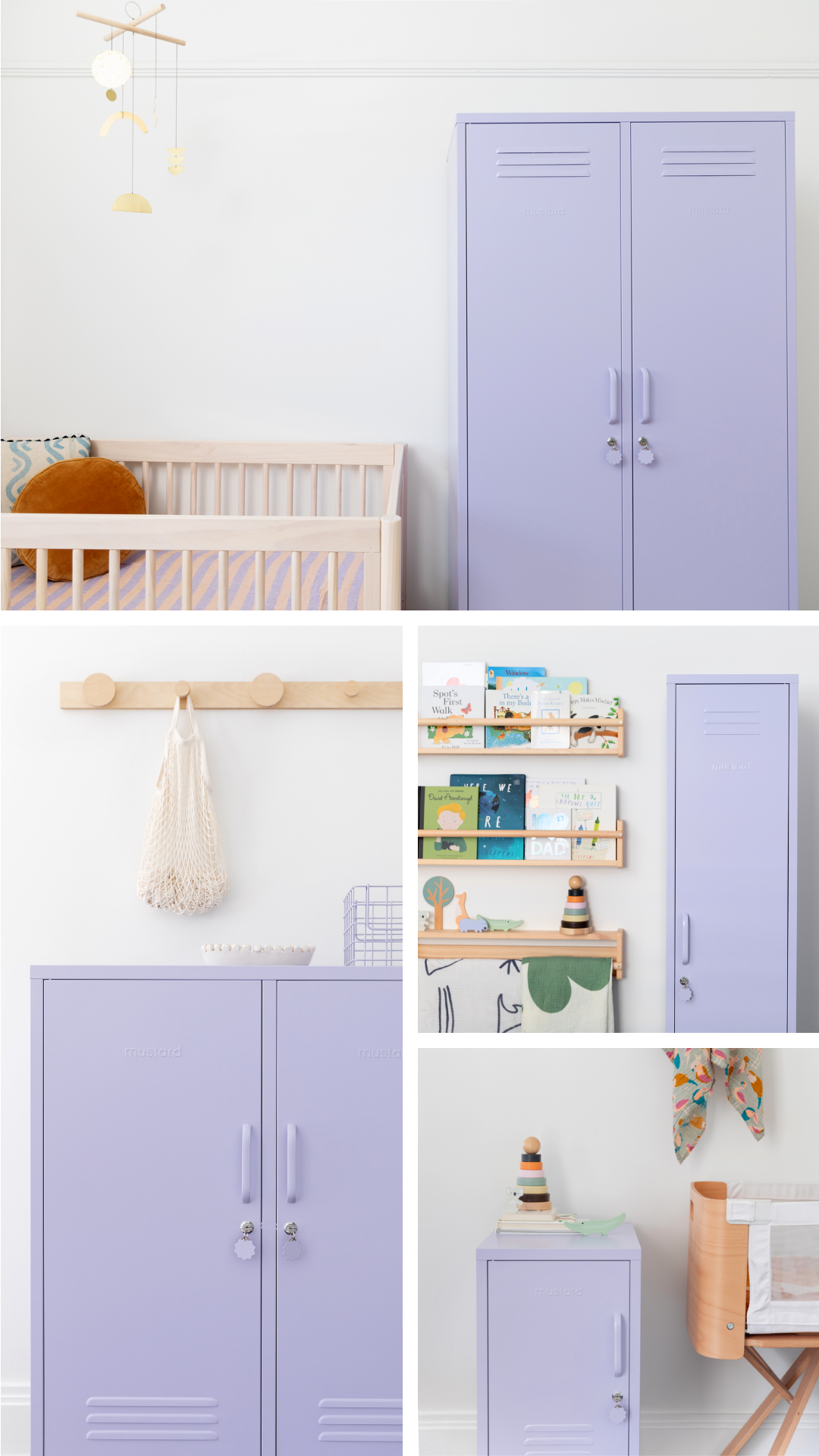 A collage of Lilac lockers with white and neutral accessories.