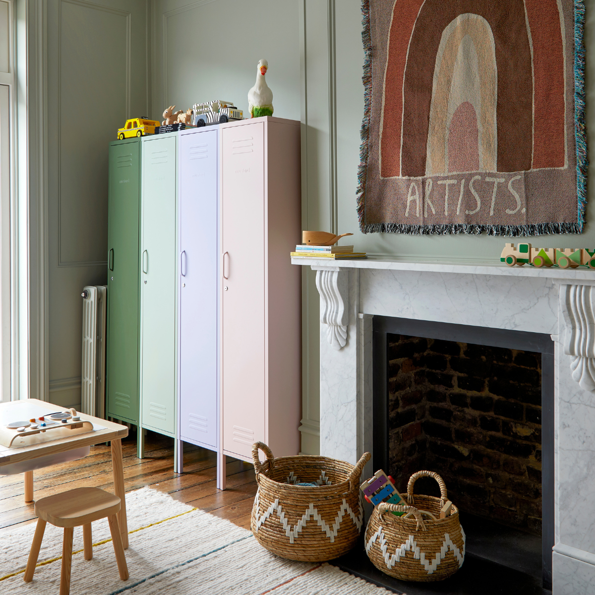 Four Mustard Made Skinny Lockers in Olive, Sage, Lilac and Blush colours.