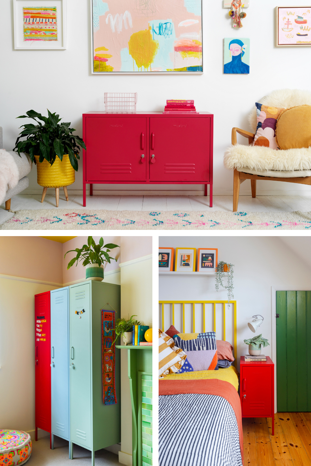 A collage of interiors with red feature pieces in colourful spaces. A Poppy locker is paired with Ocean and Sage lockers, while a Poppy Shorty sits in a white room styled with lots of bold, bright colours.