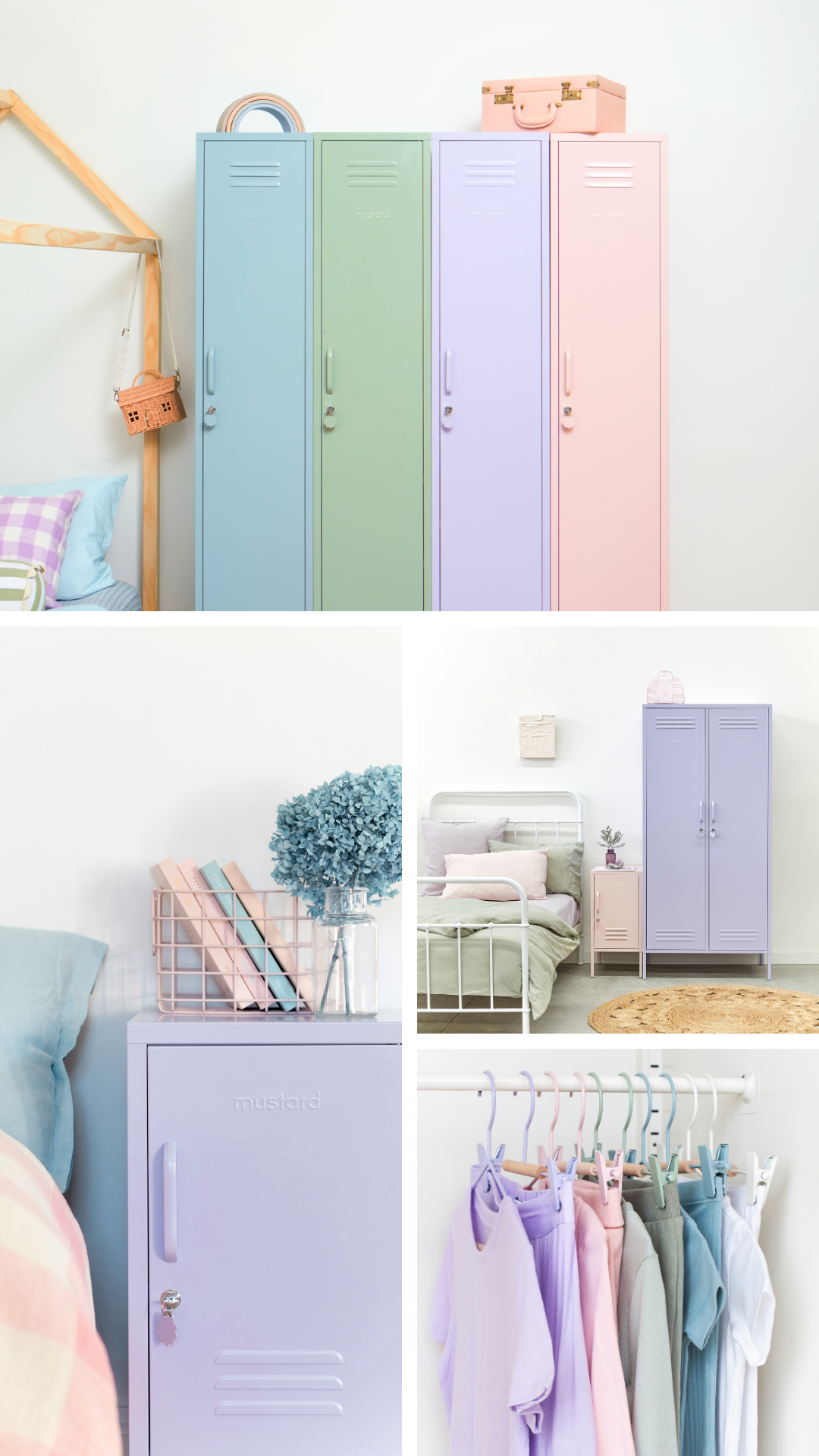 A collage of Lilac lockers with other pastel coloured lockers.
