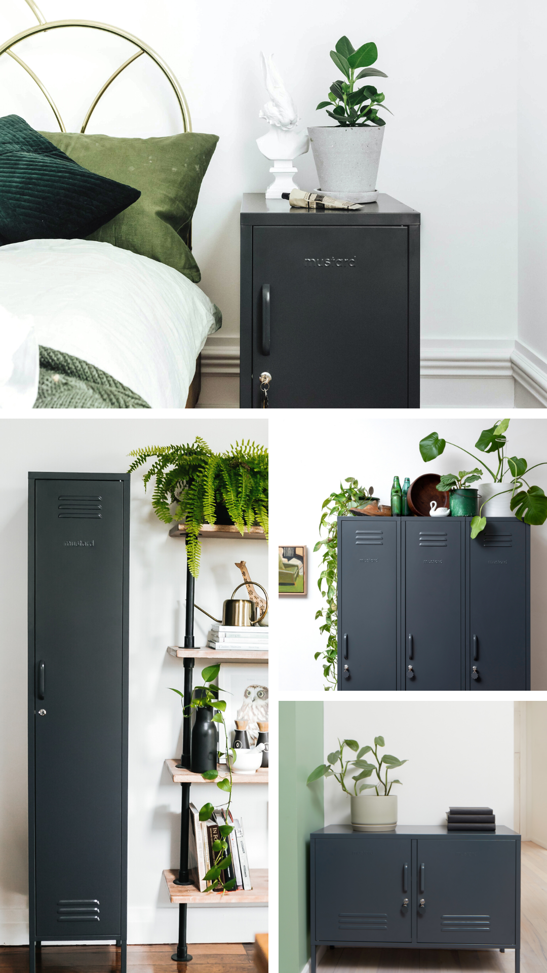 Collage of Slate lockers styled with green plants.
