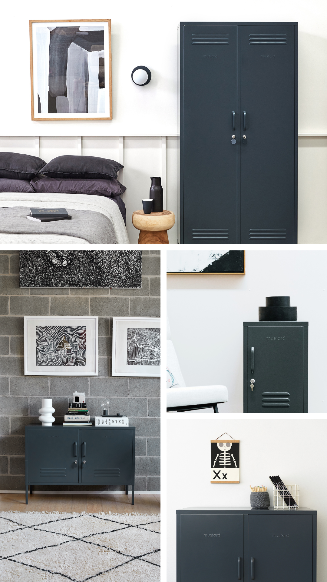 Collage of Slate lockers styled with a monochrome theme. 