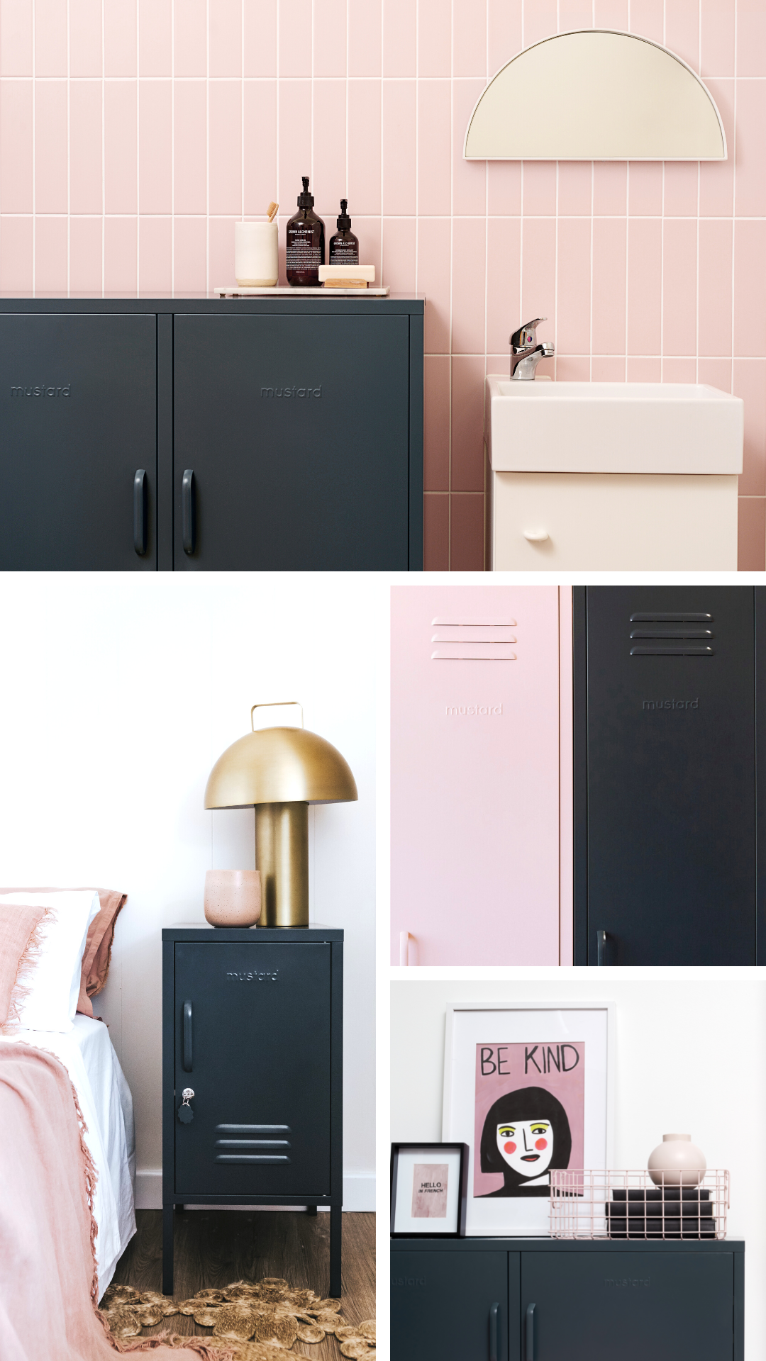 Collage of Slate lockers styled with a pink and grey theme. 