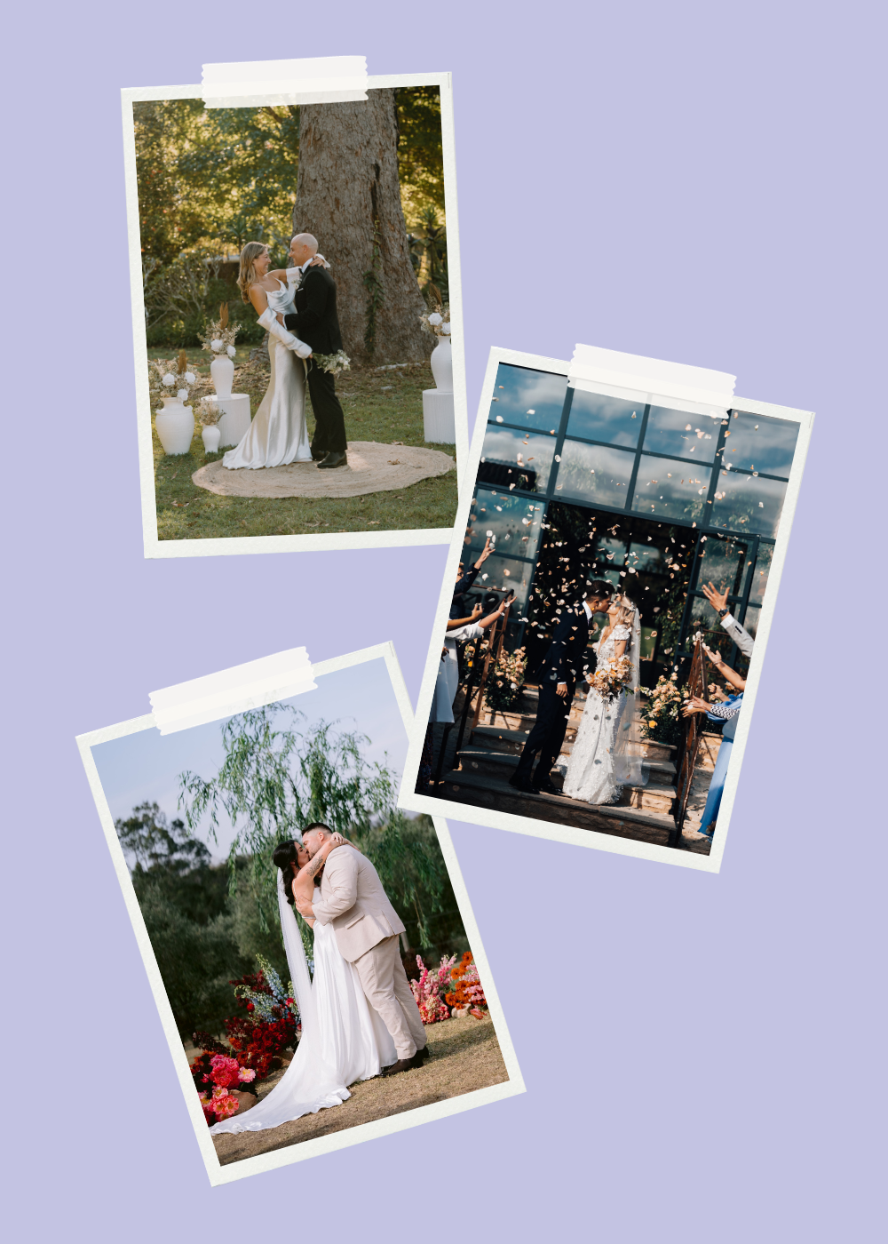 Three polaroids of couples standing at the altar.