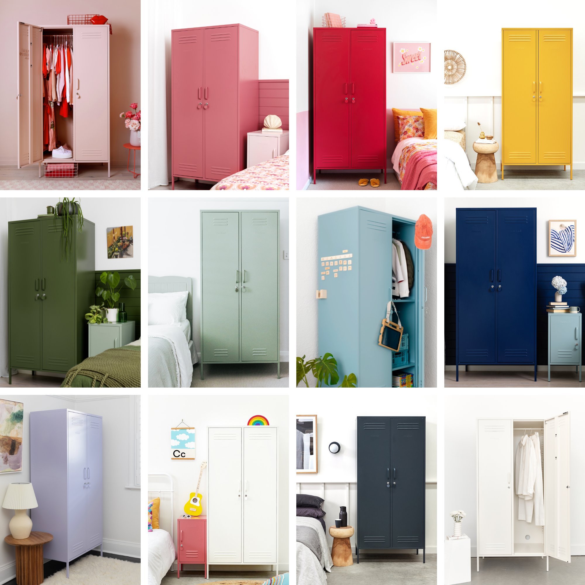 A collage of 12 images, all showing The Twinny locker in different colours