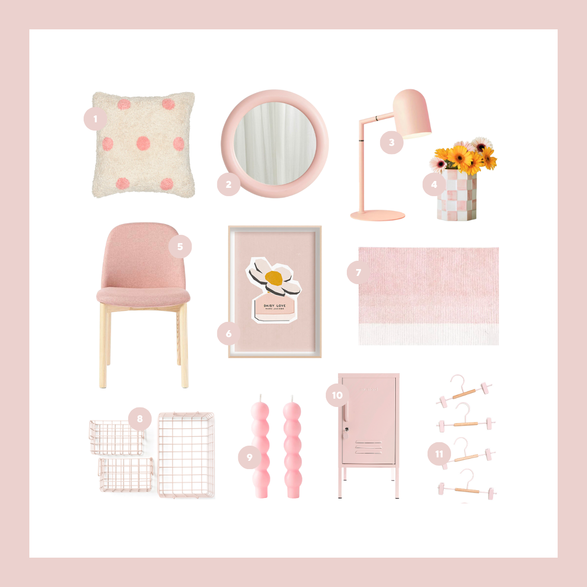 A collage of Blush pink products including Mustard Made lockers, baskets and hangers.