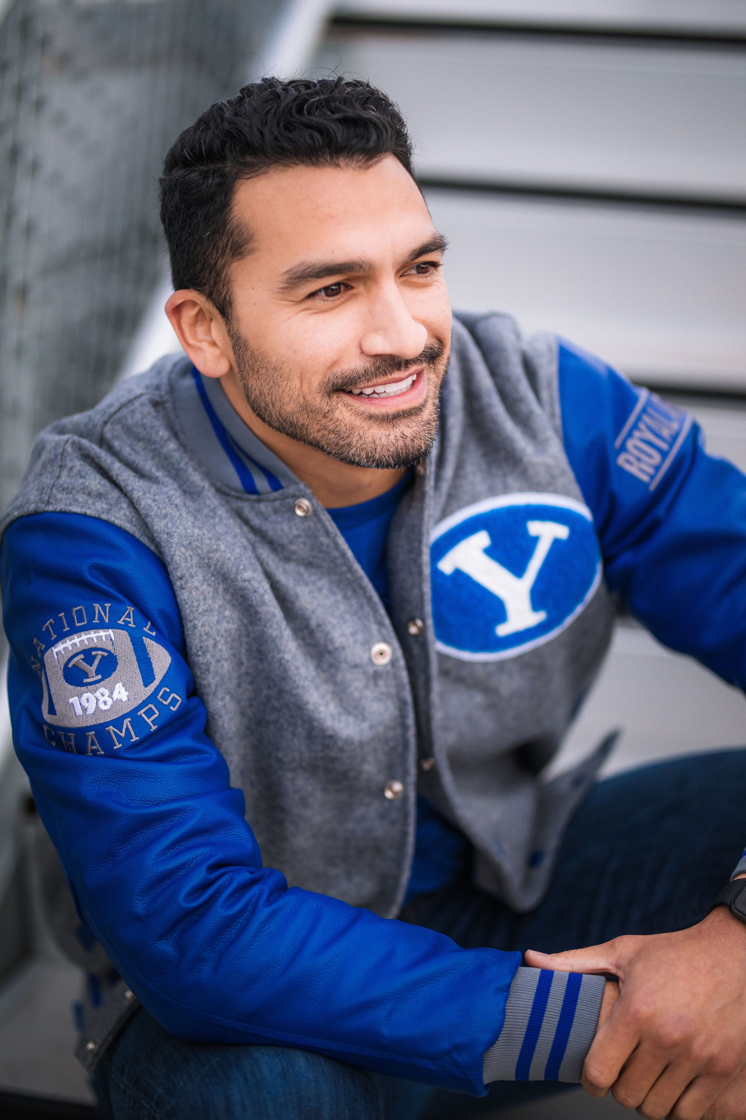 White Satin Baseball Jacket with Royal Blue pockets