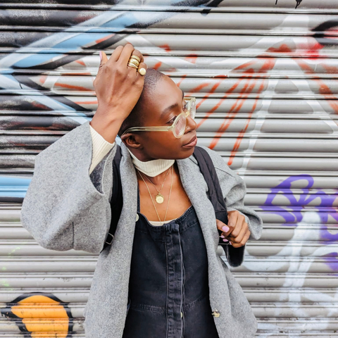 Vivienne Acheampong wearing Beyond Nine dungarees