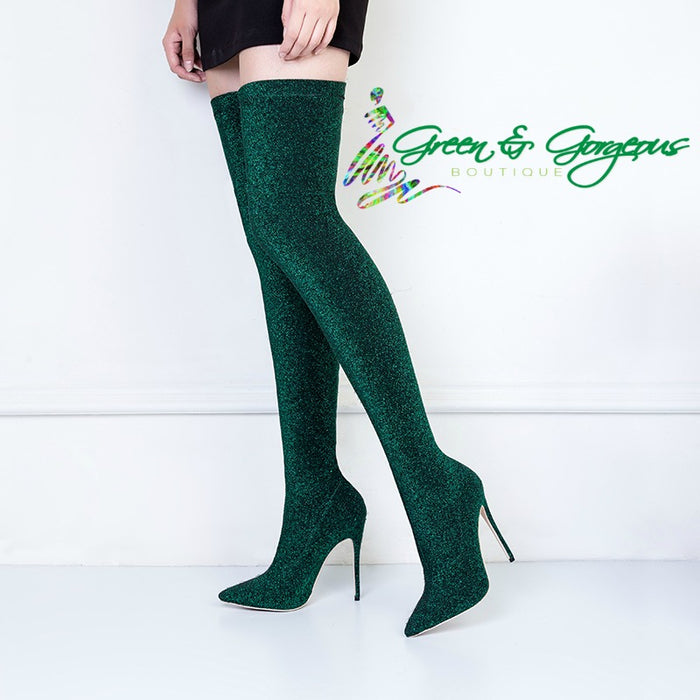 green sequin thigh high boots