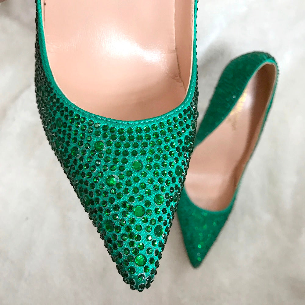 green rhinestone heels