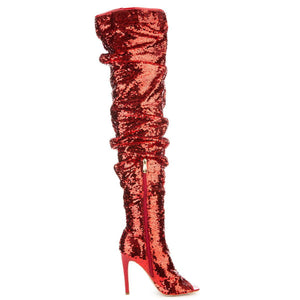 red sequin thigh high boots