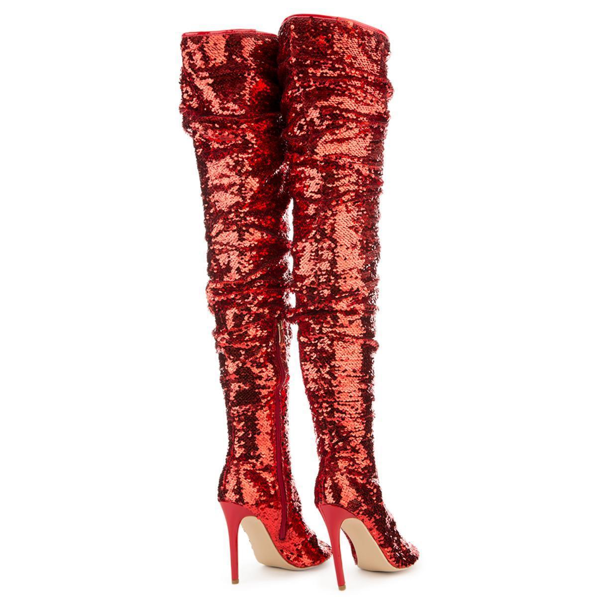 red sequin thigh high boots