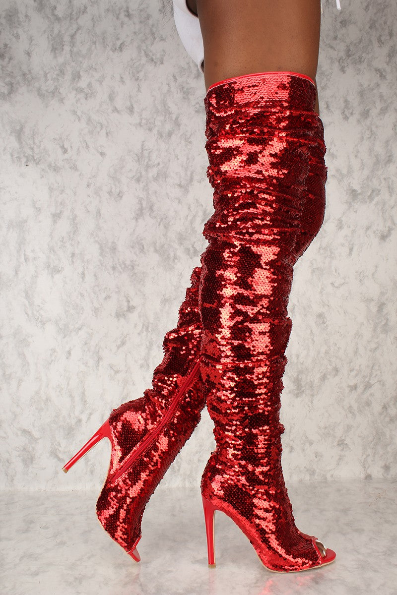 red sequin thigh high boots