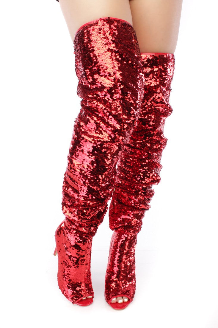 red sparkly thigh high boots