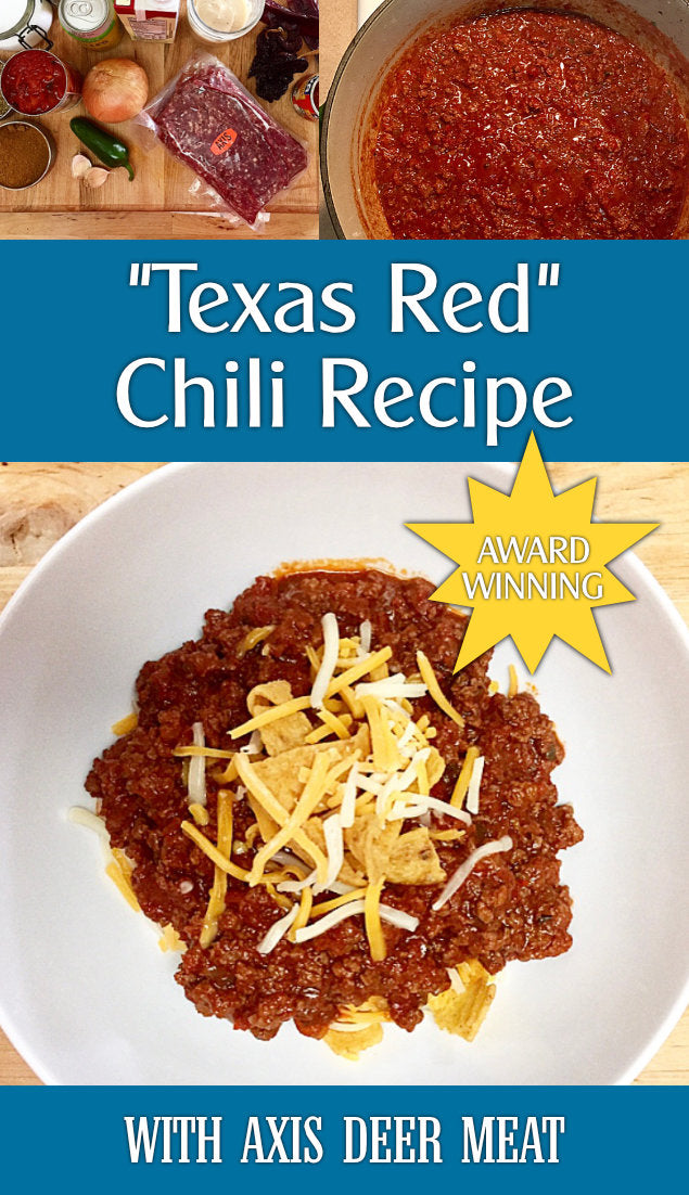 Collage of pictures from making Texas Red Chili with Axis deer meat, with text overlay describing it.