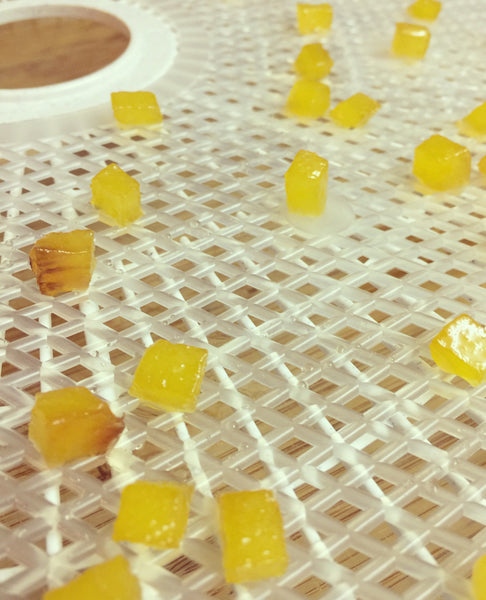 Candied peaches drying