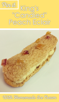 Candied peach eclair with recipe title overlay
