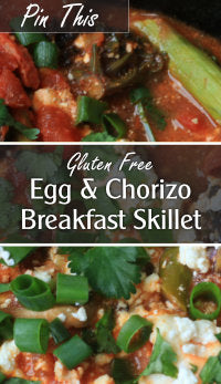 Collage of pictures of egg chorizo breakfast skillet in pan with text overlay 