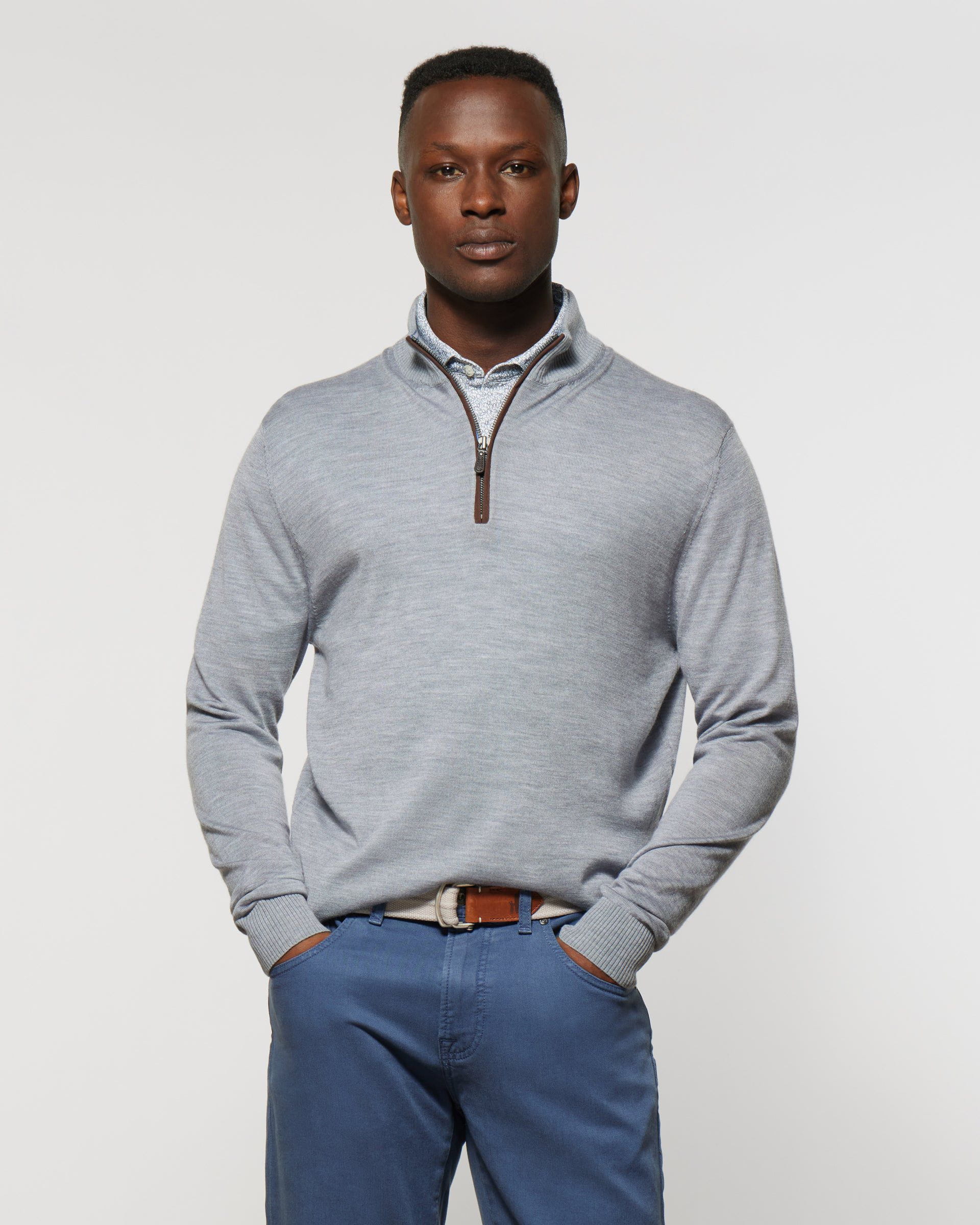 johnnie-O Baron Featherweight Wool Blend 1/4 Zip Pullover Sweater Light Gray/XL