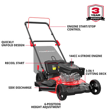 PowerSmart 144cc 21’‘ Push Lawn Mower, 6-Position Height Adjustment, Quick Fold & Easy Storage DB8602P